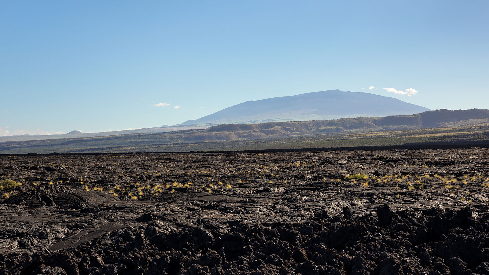 Dramatic geography features lava fields rolling out across big island Hawaii