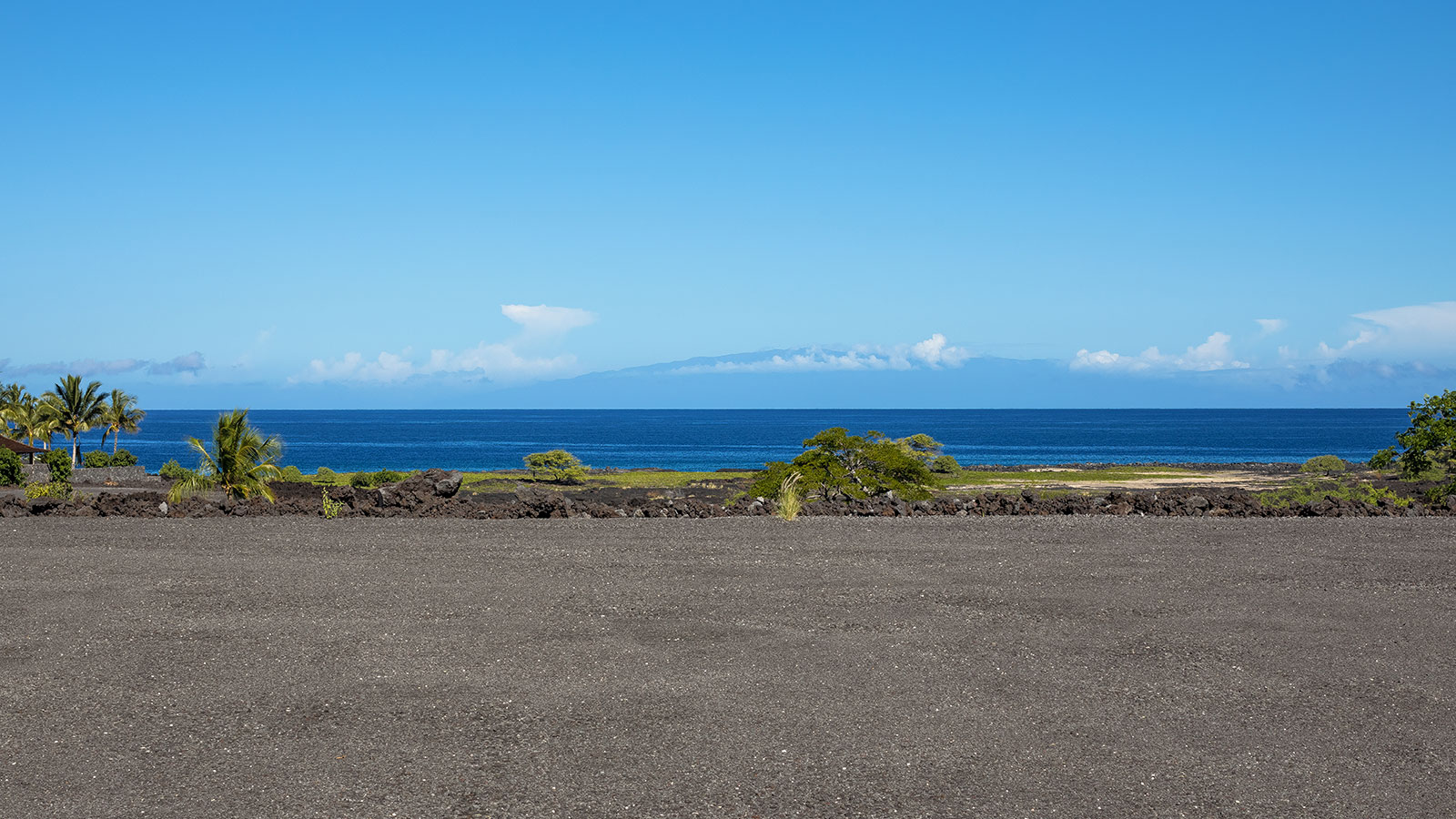 A dramatic landscape of black lava and lush green